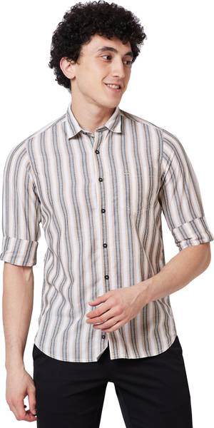 COLORPLUS Men Striped Casual White, Yellow, Grey Shirt