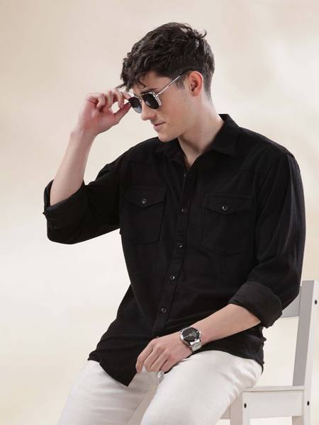 HERE&NOW Men Solid Casual Black Shirt