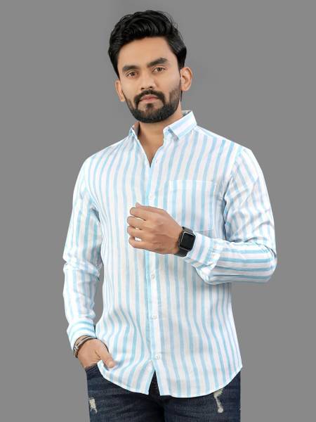 Jicott Men Striped Casual Blue, White Shirt
