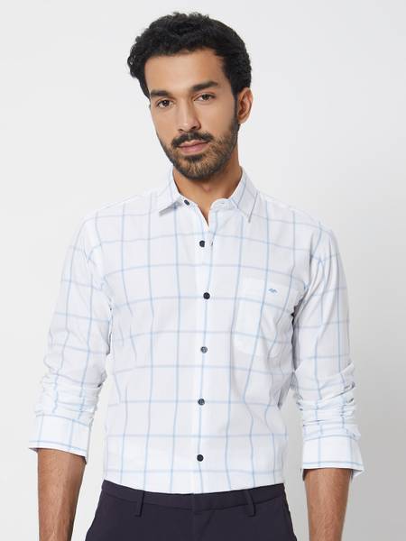 MUFTI Men Checkered Casual Light Blue, White Shirt