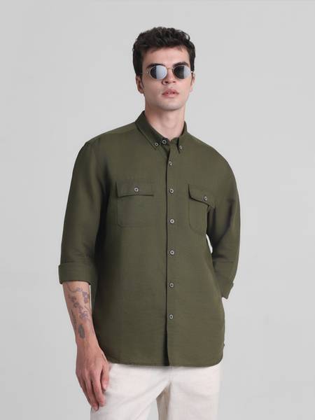 JACK & JONES Men Self Design Casual Dark Green Shirt