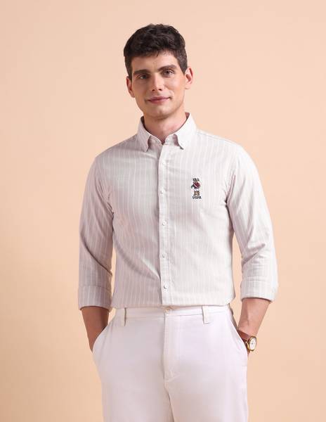 U.S. POLO ASSN. Men Striped Casual Beige Shirt