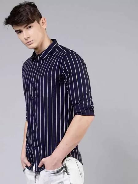 FUBAR Men Striped Casual Dark Blue Shirt