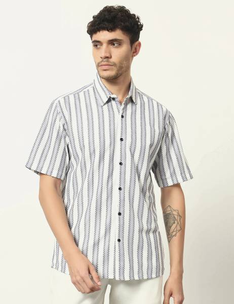 WOXEN Men Striped Casual White Shirt