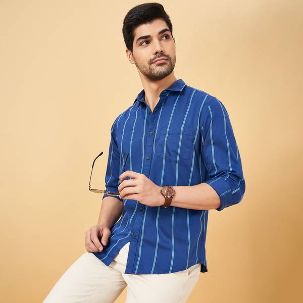 Byford by Pantaloons Men Striped Casual Blue Shirt