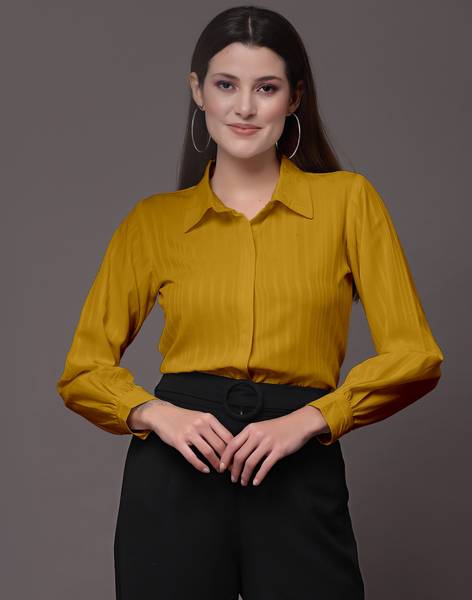 Selvia Women Striped Formal Yellow Shirt