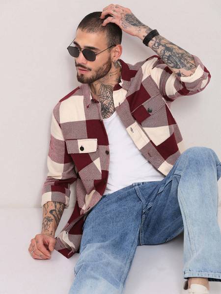 SHOWOFFFF Men Checkered Casual Maroon Shirt