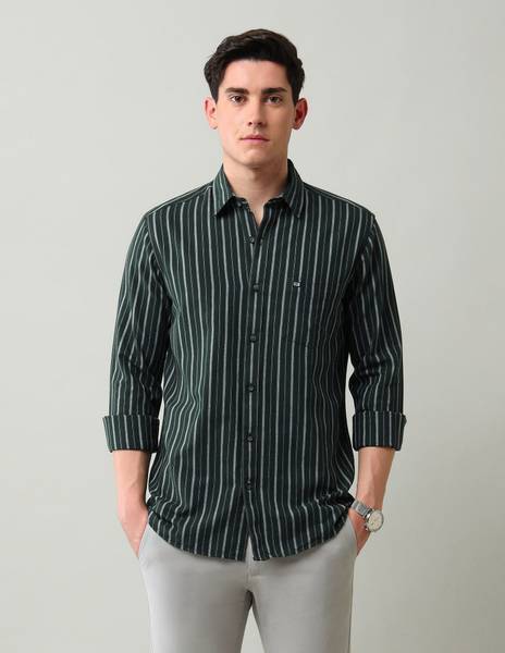 Arrow Sport Men Striped Casual Green Shirt