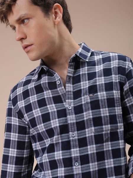 The Indian Garage Co. Men Checkered Casual Dark Blue Shirt