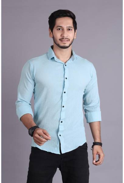 PEARL OCEAN Men Solid Casual Blue Shirt