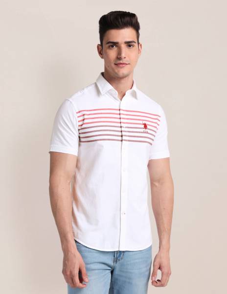 U.S. POLO ASSN. Men Striped Casual White, Red, Maroon Shirt