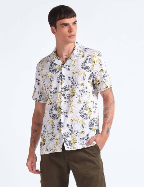 FLYING MACHINE Men Printed Casual Black, Yellow, White Shirt