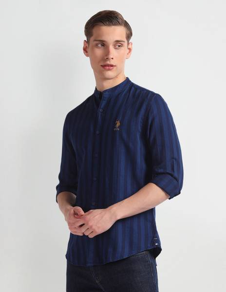 U.S. POLO ASSN. Men Striped Casual Black, Blue Shirt