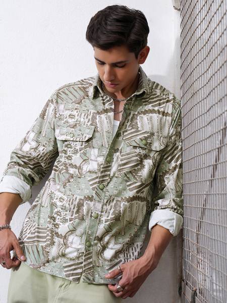 LOCOMOTIVE Men Printed Casual Green Shirt