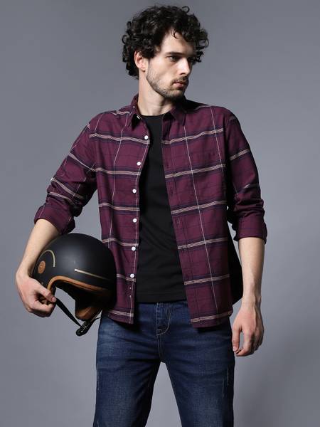 High Star Men Checkered Casual Maroon Shirt