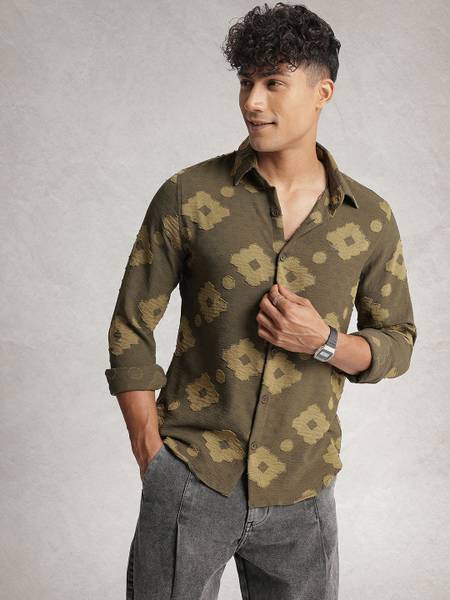 WROGN Men Self Design Casual Green Shirt