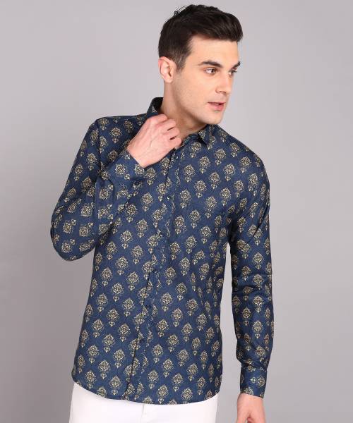 Vellical Men Printed Casual Dark Blue Shirt