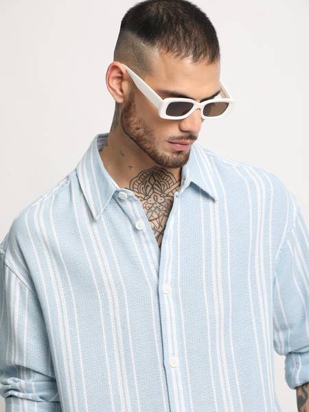 THE BEAR HOUSE Men Striped Casual Light Blue Shirt