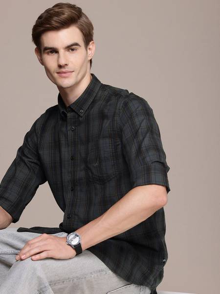 NAUTICA Men Self Design Casual Grey Shirt