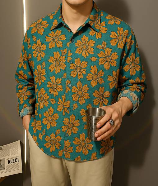Try This Men Self Design Casual Blue Shirt