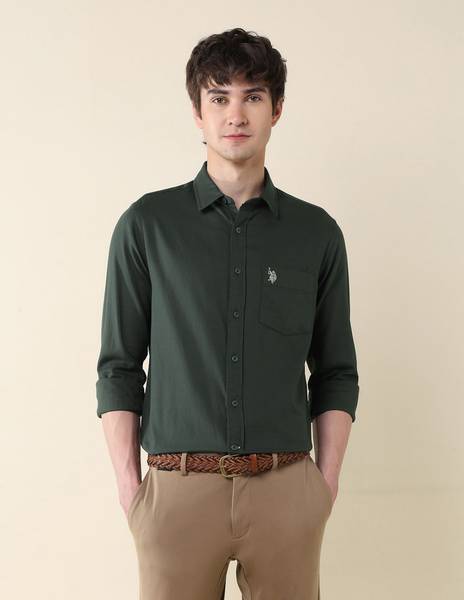 U.S. POLO ASSN. Men Solid Casual Green Shirt