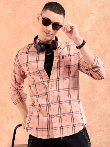 The Indian Garage Co. Men Checkered Casual Pink Shirt