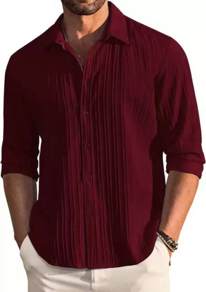 DEEMOON Men Striped Casual Red Shirt