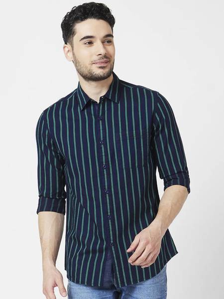 Spykar Men Striped Casual Dark Blue, Light Green Shirt