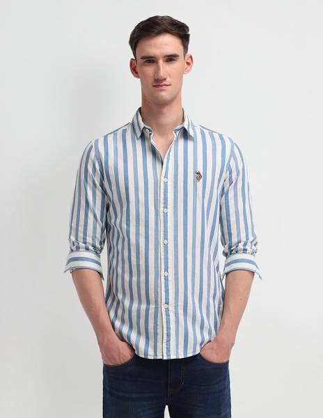 U.S. POLO ASSN. Men Striped Casual Blue Shirt