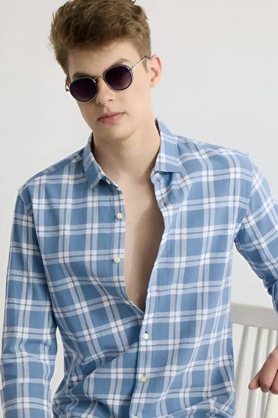 RODEIZ Men Checkered Casual Blue Shirt