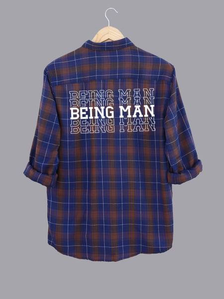 Broon Men Checkered, Printed Casual Dark Blue, Brown, White Shirt