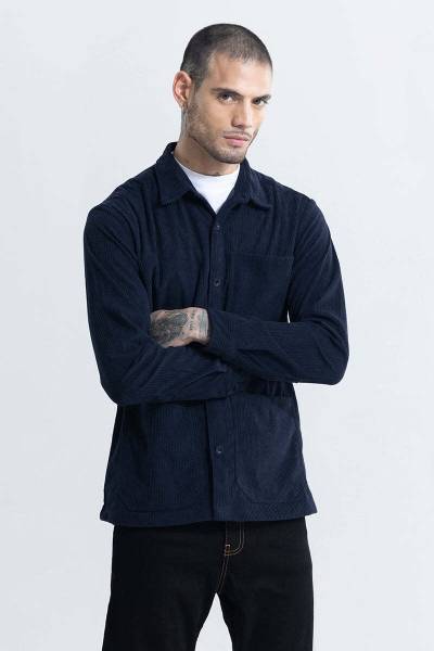 Snitch Men Solid Casual Dark Blue Shirt