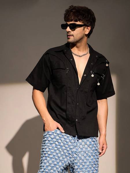 FUGAZEE Men Self Design Casual Black Shirt
