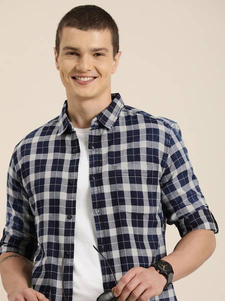 HERE&NOW Men Checkered Casual Blue Shirt