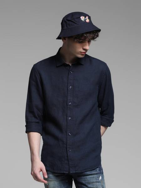 JACK & JONES Men Solid Casual Dark Blue Shirt