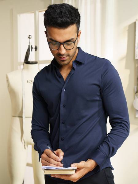 Damensch Men Solid Casual Dark Blue Shirt