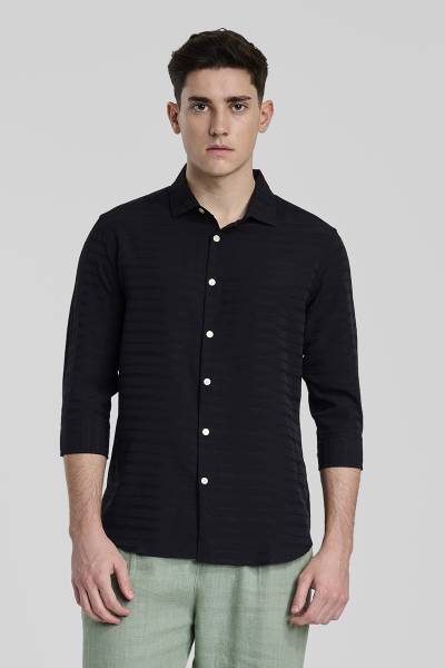 Snitch Men Self Design Casual Black Shirt