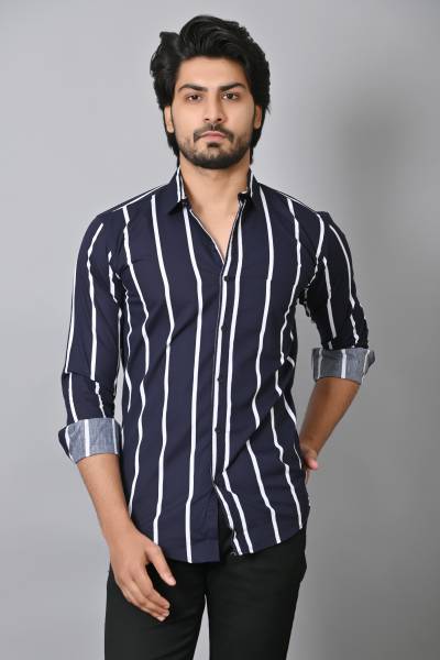 PROTOZONE Men Striped Casual Dark Blue, White Shirt