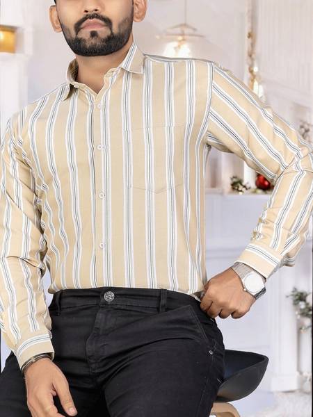MILDIN Men Striped Casual Brown Shirt