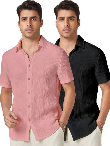 Webric Men Self Design Casual Orange, Black Shirt
