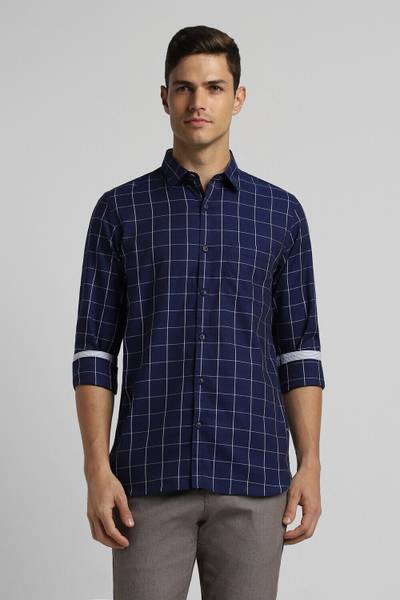 PETER ENGLAND Men Checkered Casual Dark Blue Shirt