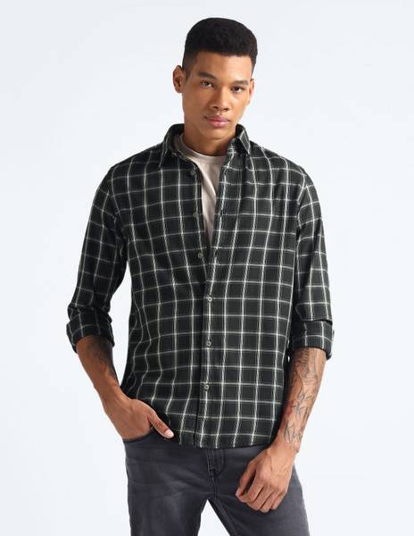 FLYING MACHINE Men Checkered Casual Black Shirt