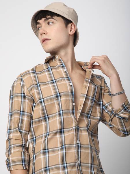 VASTRADO Men Checkered Casual Khaki Shirt