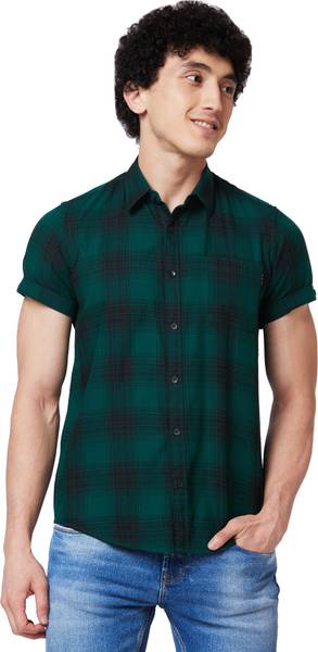 Spykar Men Checkered Casual Dark Green, Black Shirt