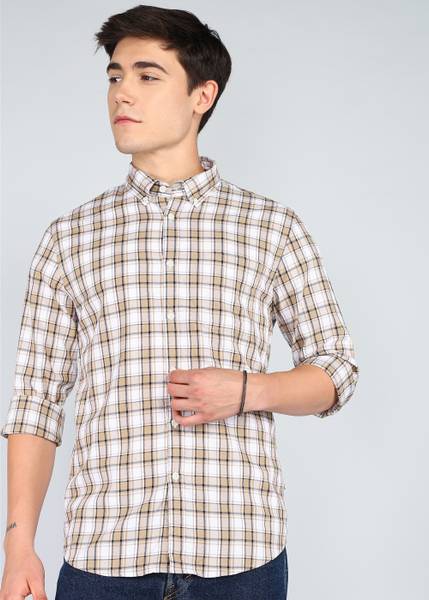 FLYING MACHINE Men Checkered Casual Beige Shirt