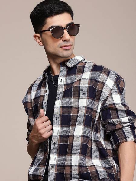 Roadster Men Checkered Casual Brown, Blue Shirt