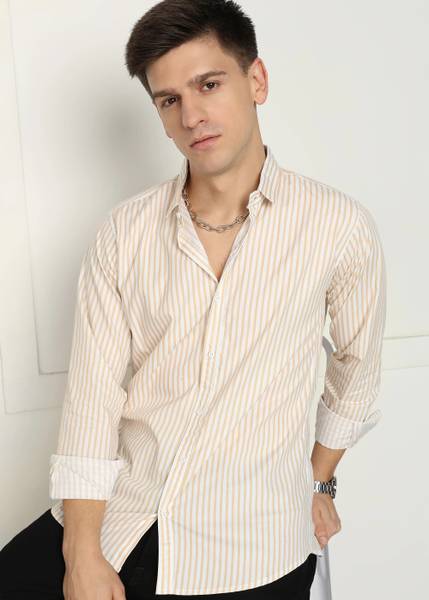 OTUS Men Striped Casual Brown Shirt