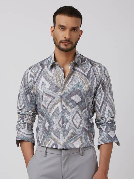 MUFTI Men Printed Casual Grey Shirt