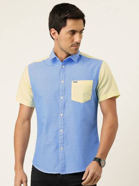 The Indian Garage Co. Men Color Block Casual Blue, Yellow Shirt
