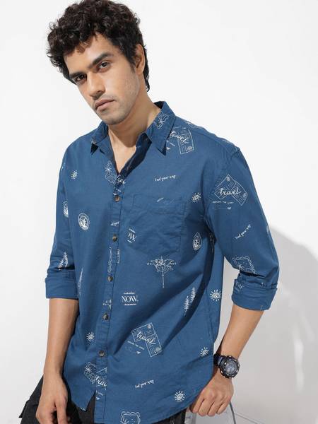 Roadster Men Printed Casual Blue Shirt